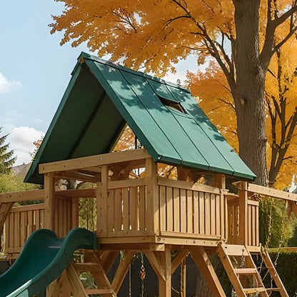 Backyard Wooden Swing Set with Double Slide, Swings & Playhouse – Outdoor Kids Playground