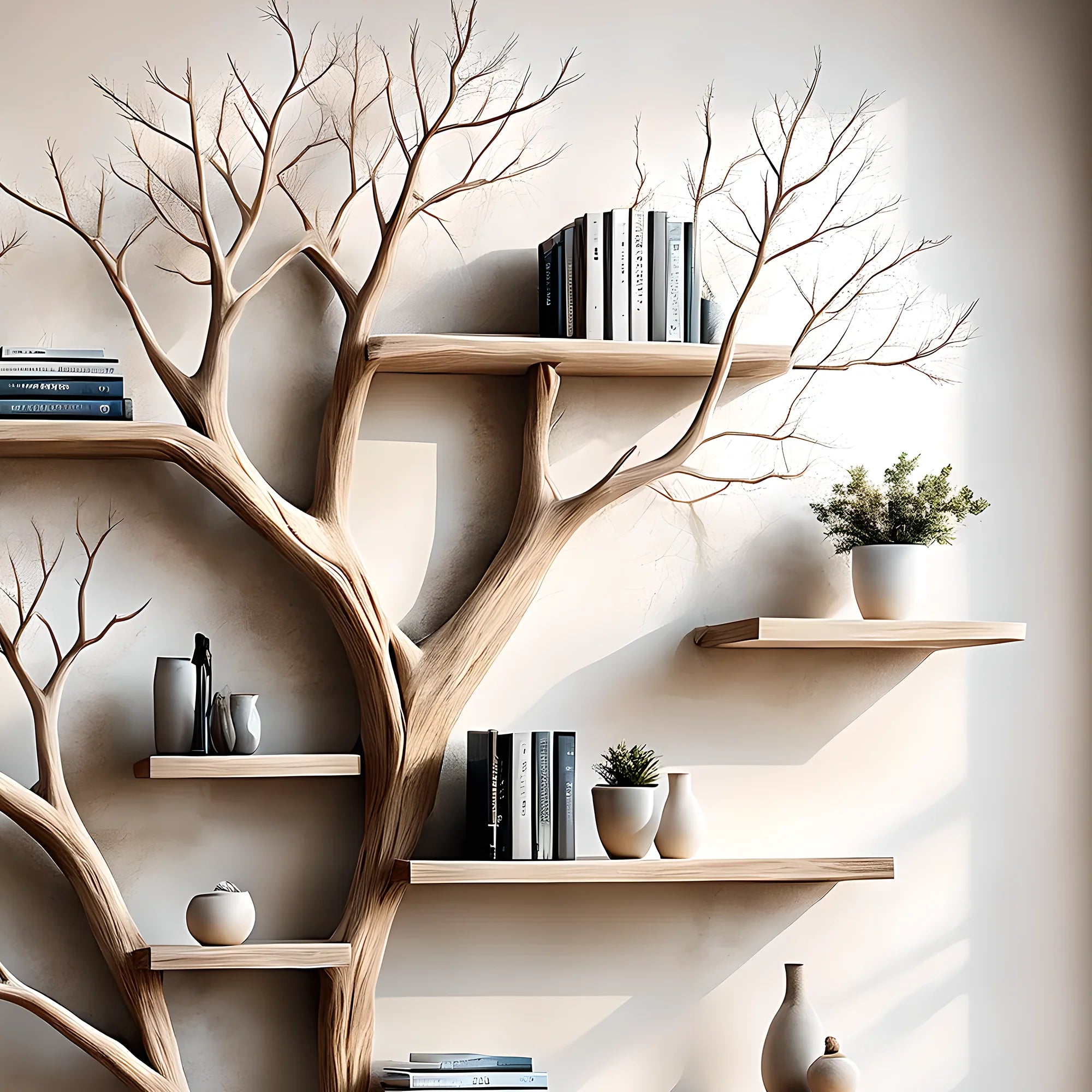 Tree-shaped bookshelf with side table, floating shelf, decorative shelf, children's bookshelf displaying souvenirs 