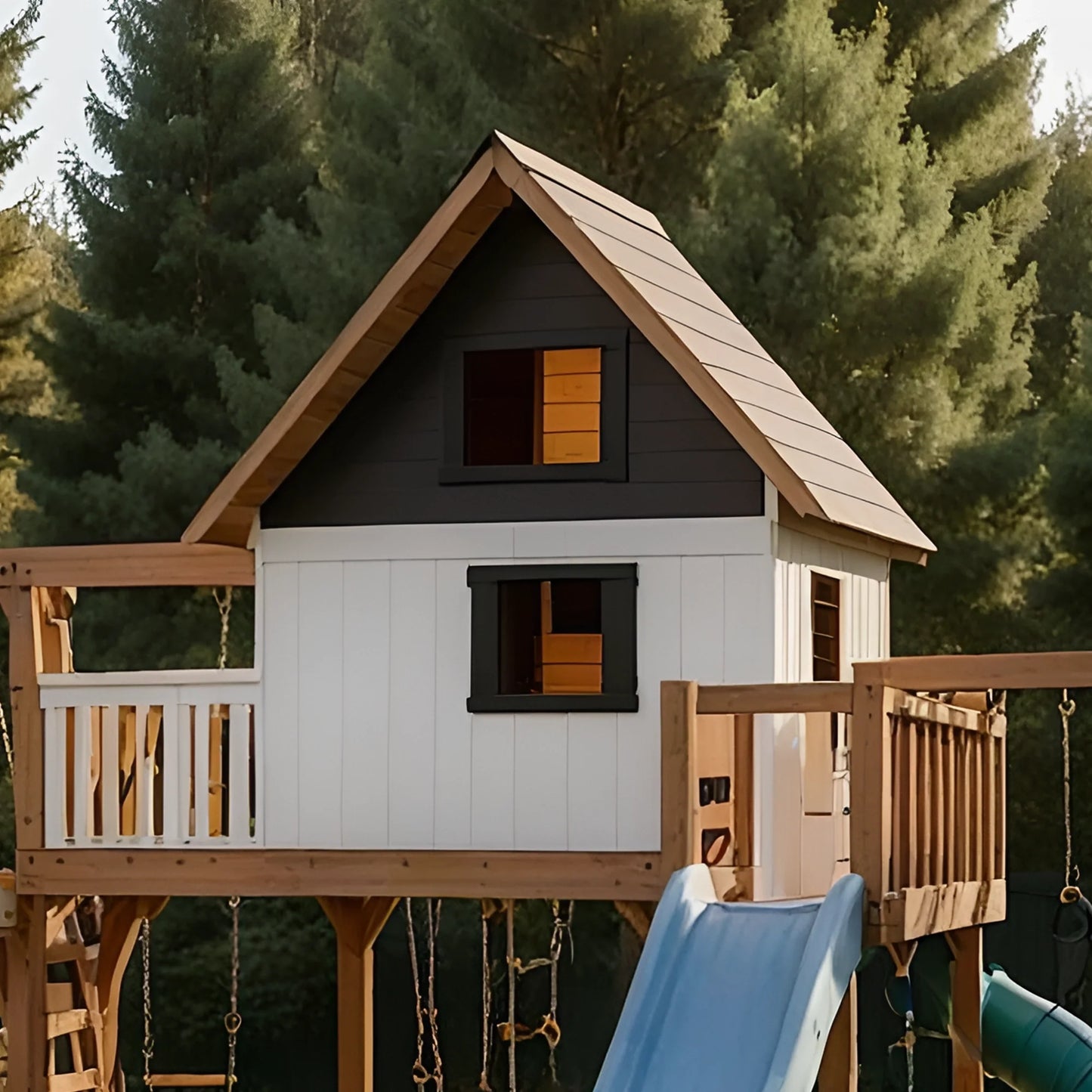 Backyard Playhouse with Wooden Swing Set, Sandbox & Wave Slide – Outdoor Fun