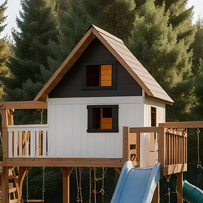 Backyard Playhouse with Wooden Swing Set, Sandbox & Wave Slide – Outdoor Fun