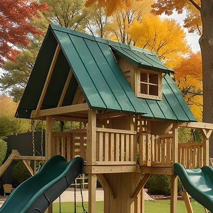 Premium Wooden Outdoor Swing Set with Playhouse, Swings & Activity Wall