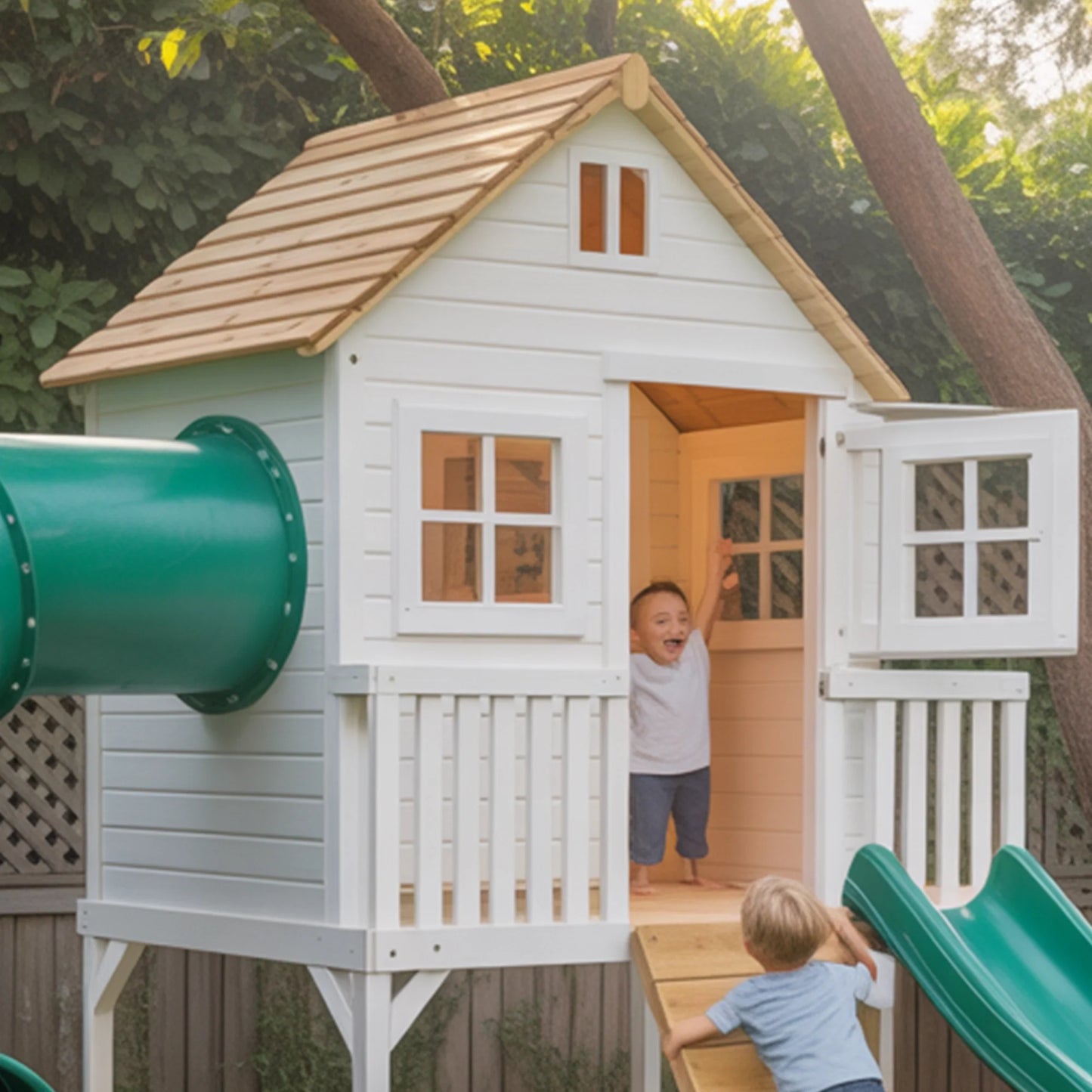Deluxe Wooden Swingset with Slide, Swings & Clubhouse – Outdoor Backyard Playset for Kids