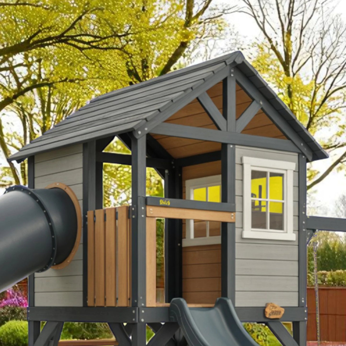 Wooden Playhouse with Tube Slide, Straight Slide & Swings | 22x12x9 ft Outdoor Playground