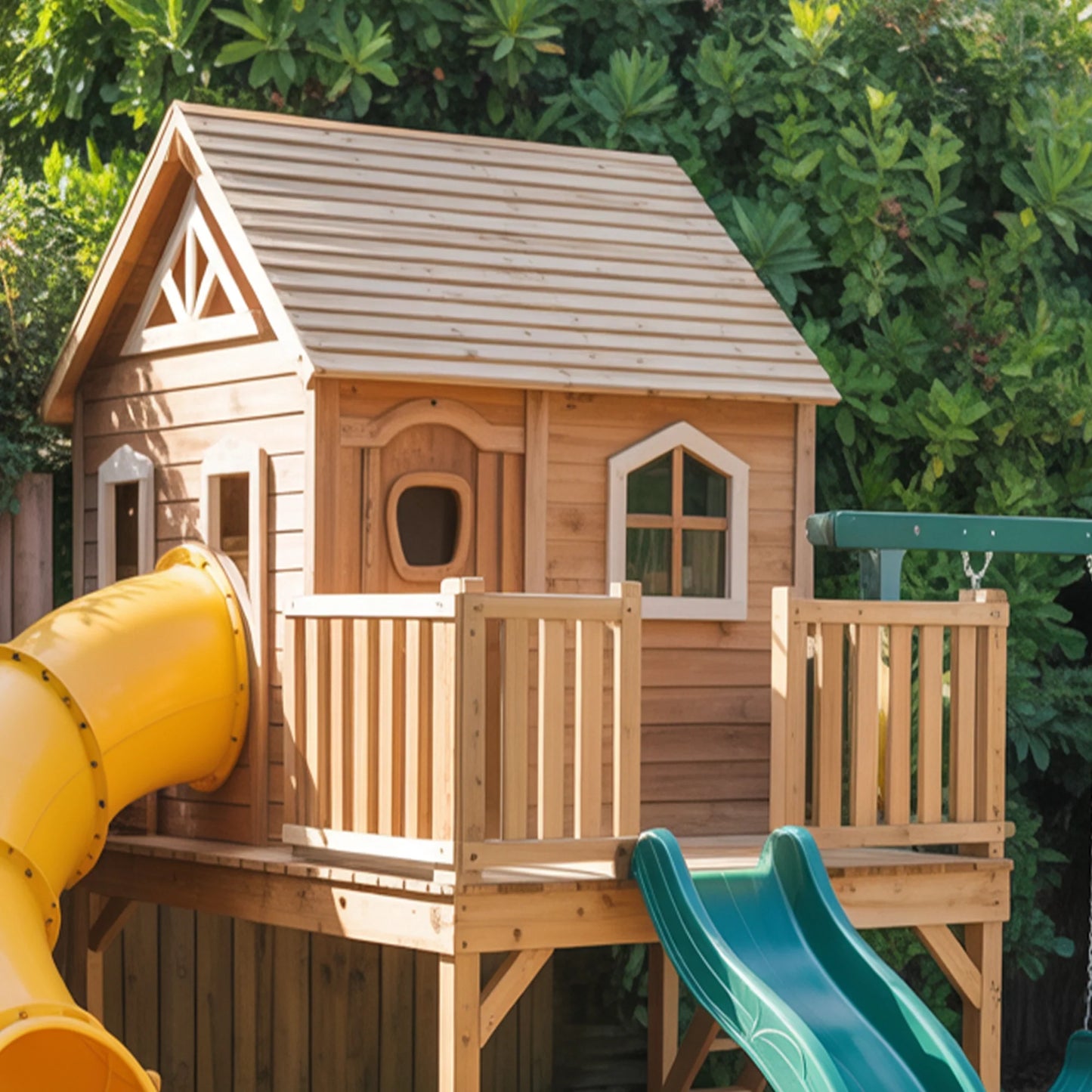 Wooden Outdoor Playhouse with Spiral & Straight Slides, Swings | Large 22x12x9 ft Kids Playground