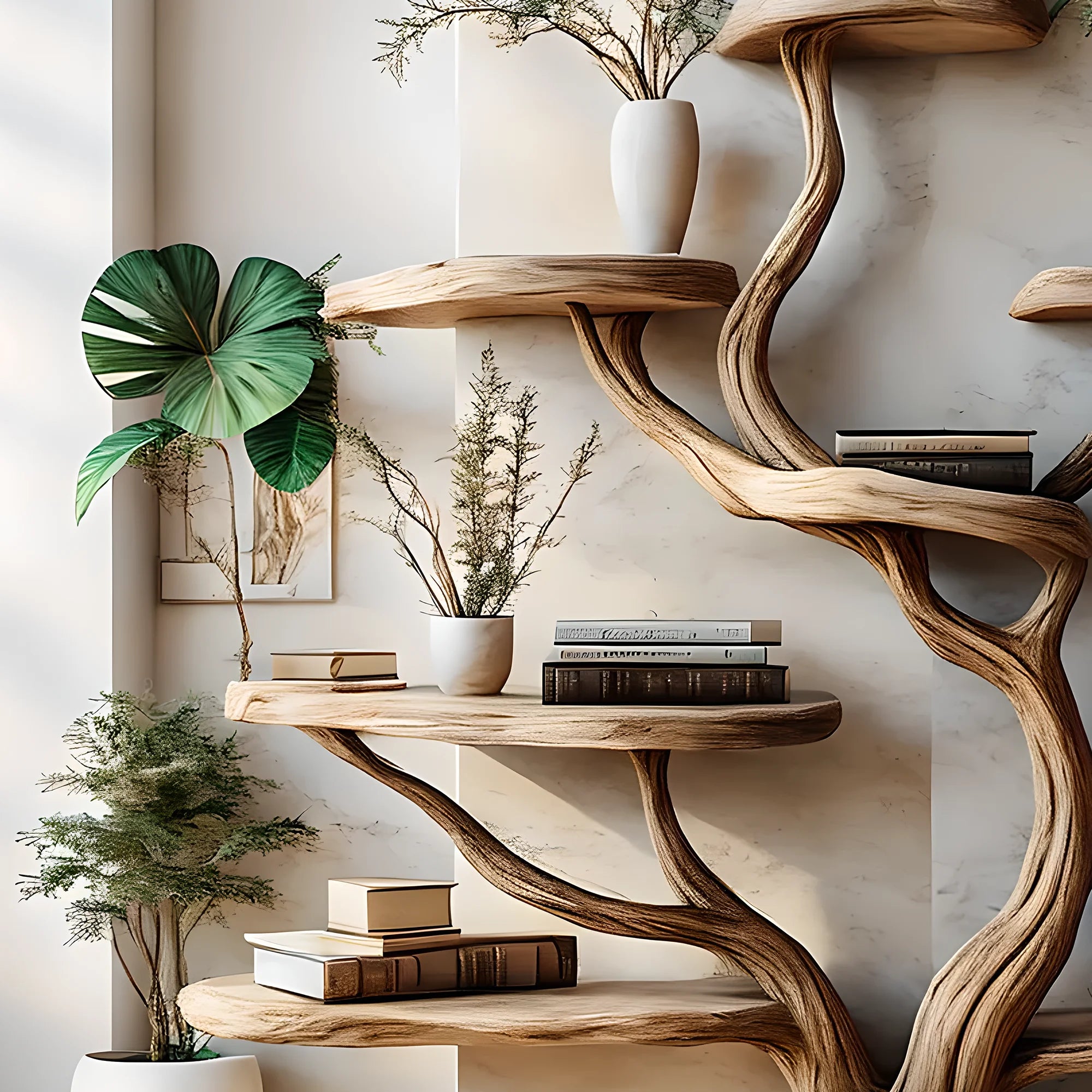 Decorative bookshelf, tree-shaped bookshelf, solid wood bookshelf, floating shelf, interior decoration 