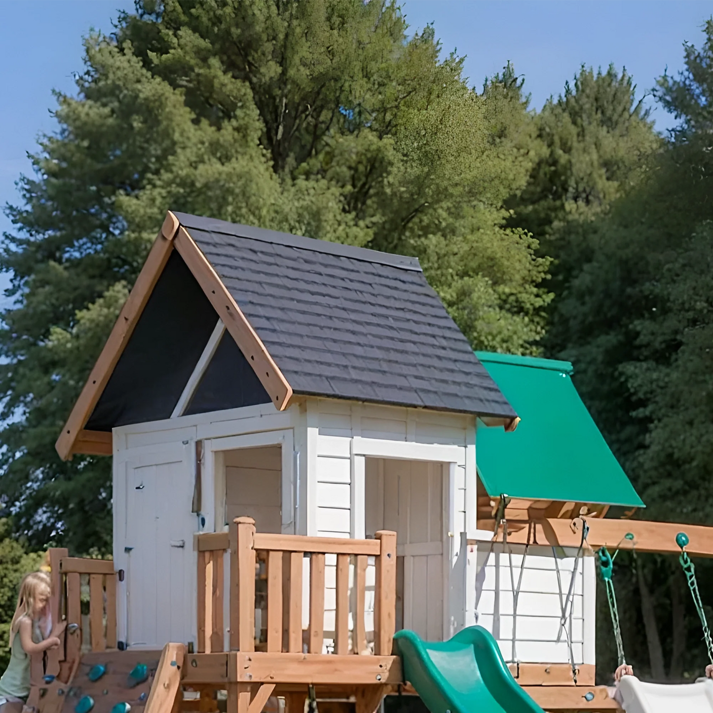 Backyard Wooden Swing Set with Playhouse, Double Slide & Climbing Wall for Kids