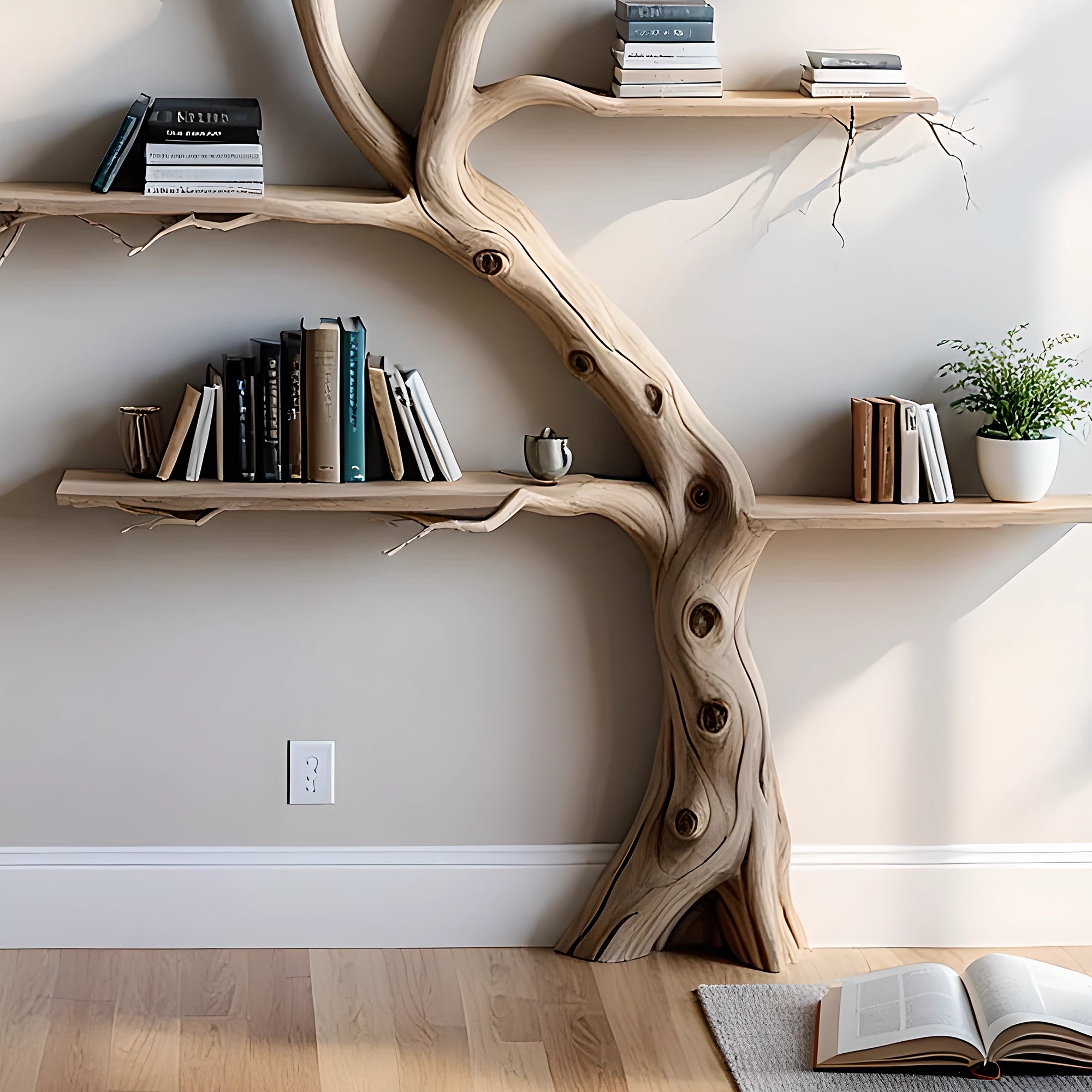 Decorative bookshelves for living room, driftwood bookshelves, solid wood bookshelves 