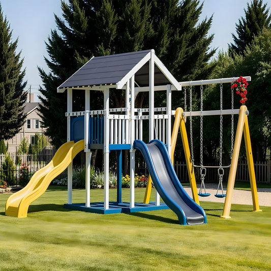 Wooden Outdoor Play Structure – Twin Playhouse, Swings & Slides for Kids