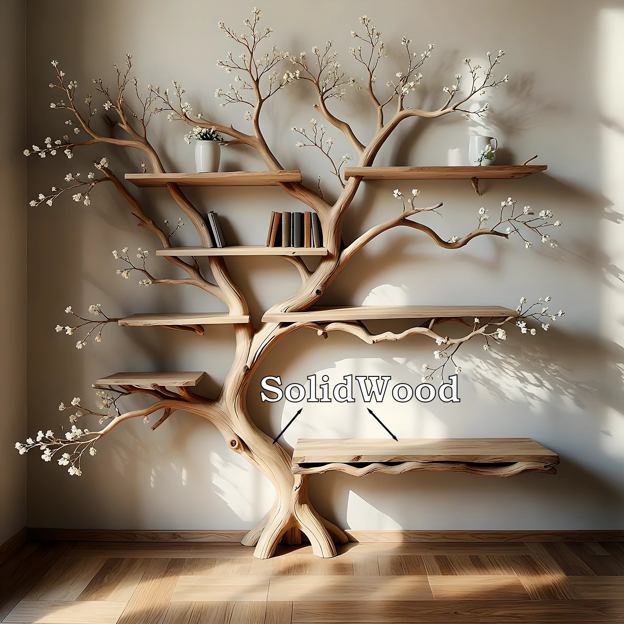 Modern rustic bookshelf in tree shape. Perfect for living rooms, nurseries, or reading nooks. 
