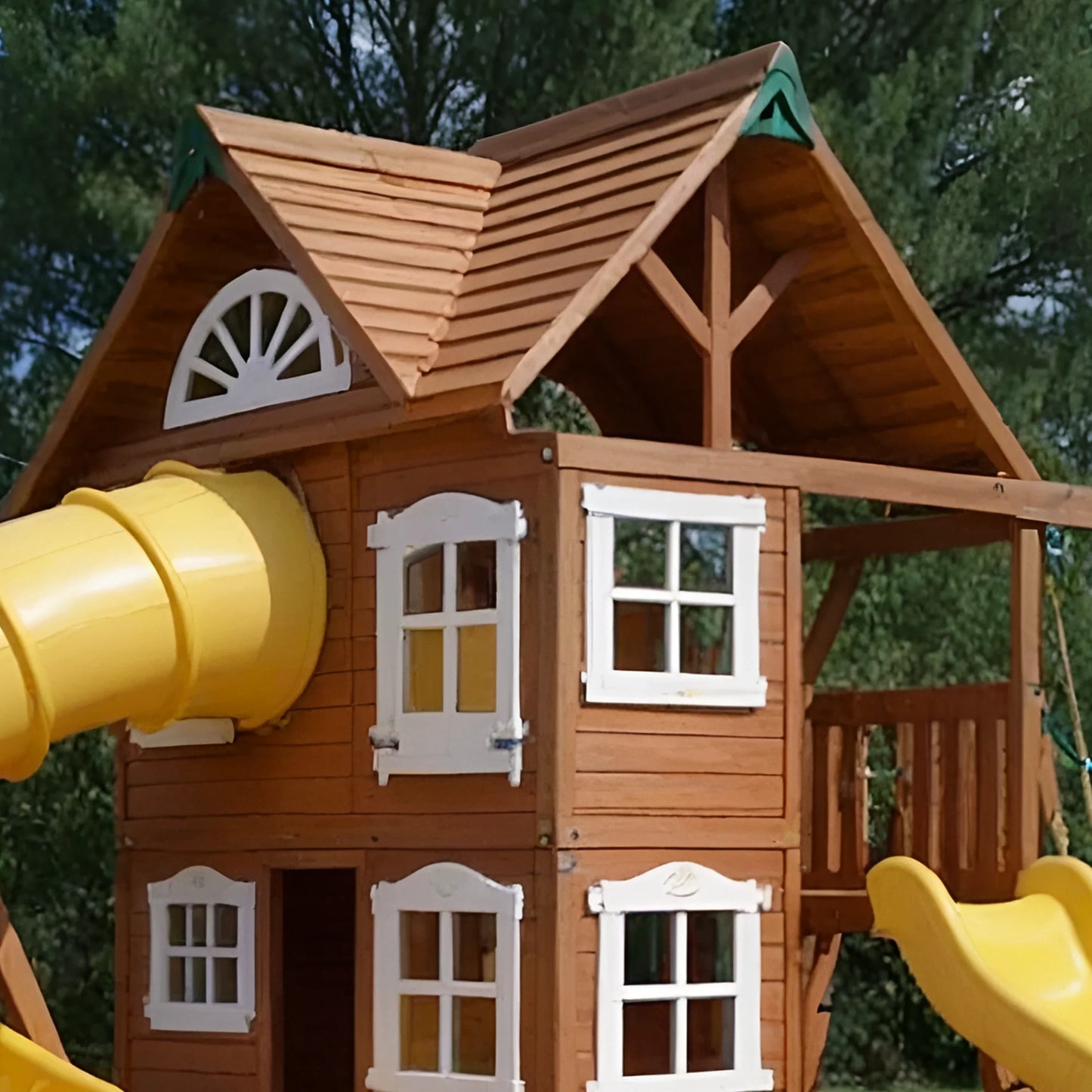 Premium Backyard Swingset with Playhouse, Slides & Rock Wall