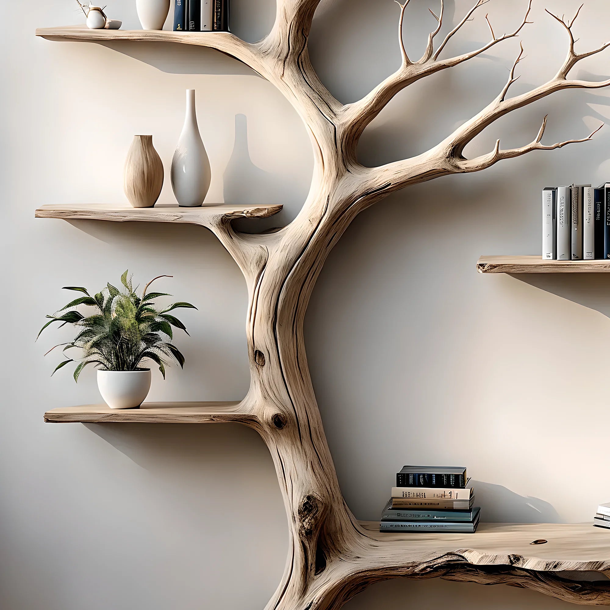 Wooden branch bookshelf, Handmade from natural pine wood, Floating shelf, Children's room decoration 