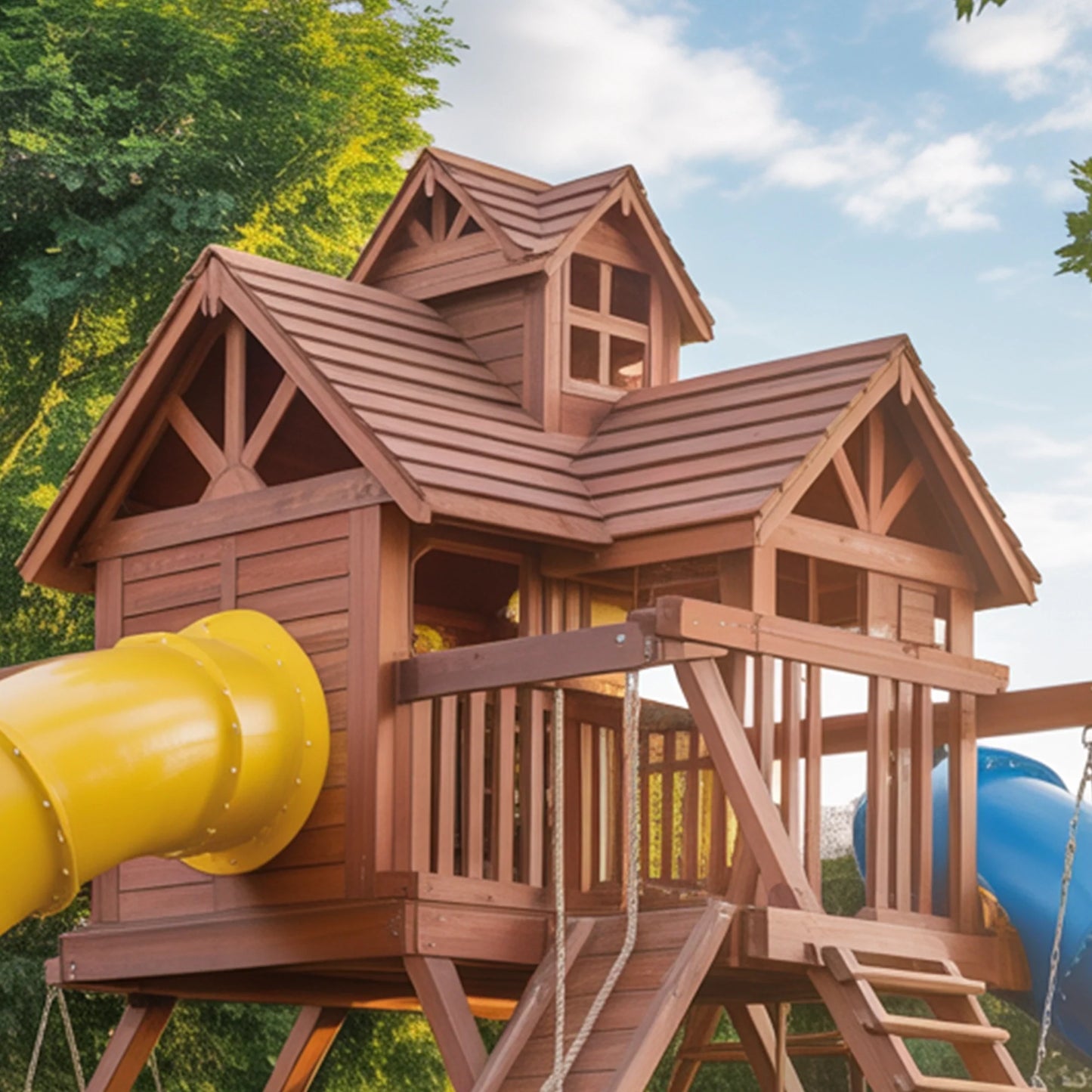 Wooden Swingset with Double Tube Slides & Playhouse – Kids Outdoor Playground