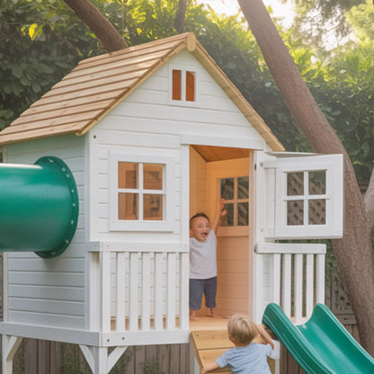 Modern Wooden Swingset with Slide & Playhouse – Outdoor Kids Playground