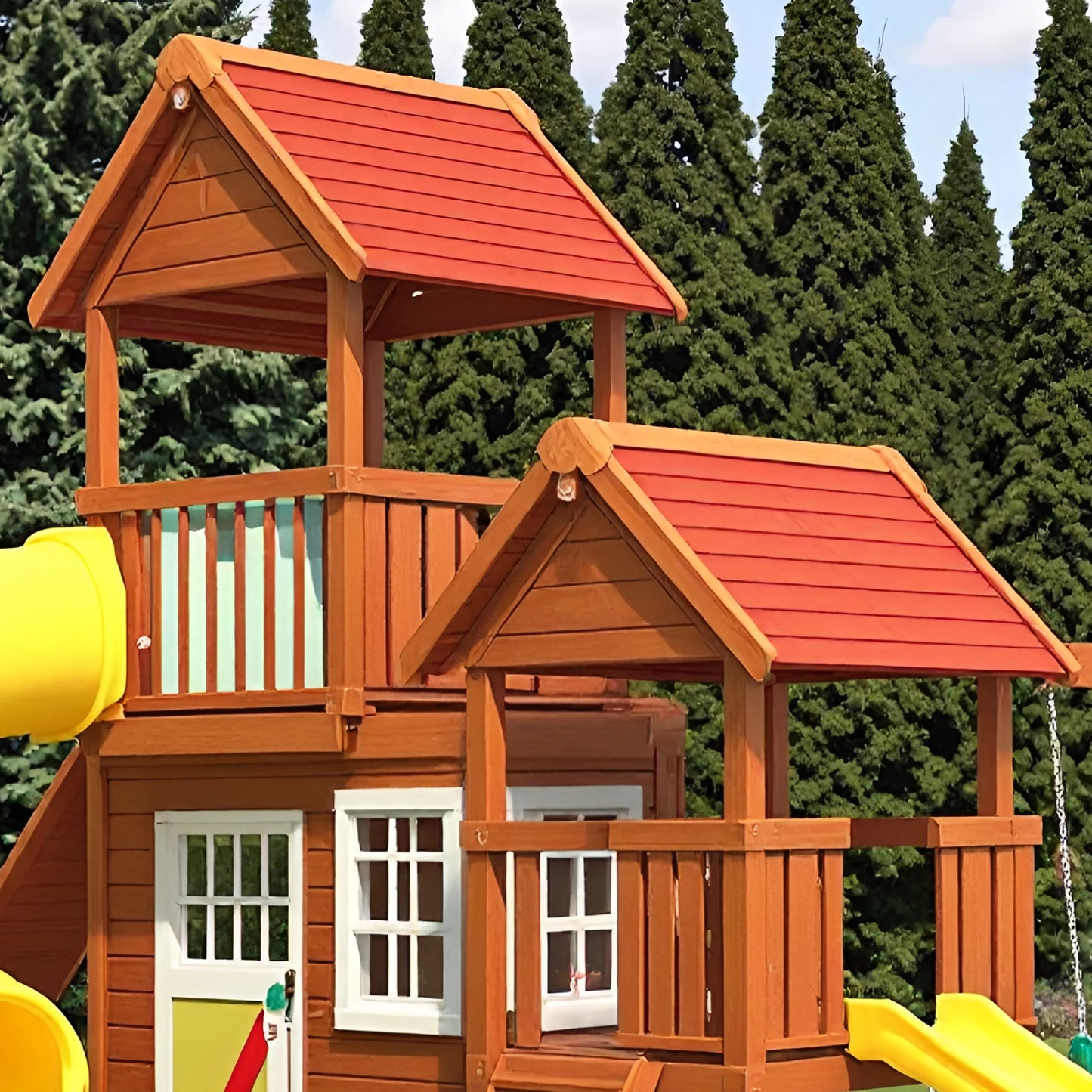 Wooden Swingset with Slide, Swing Beam & Adventure Play Fort