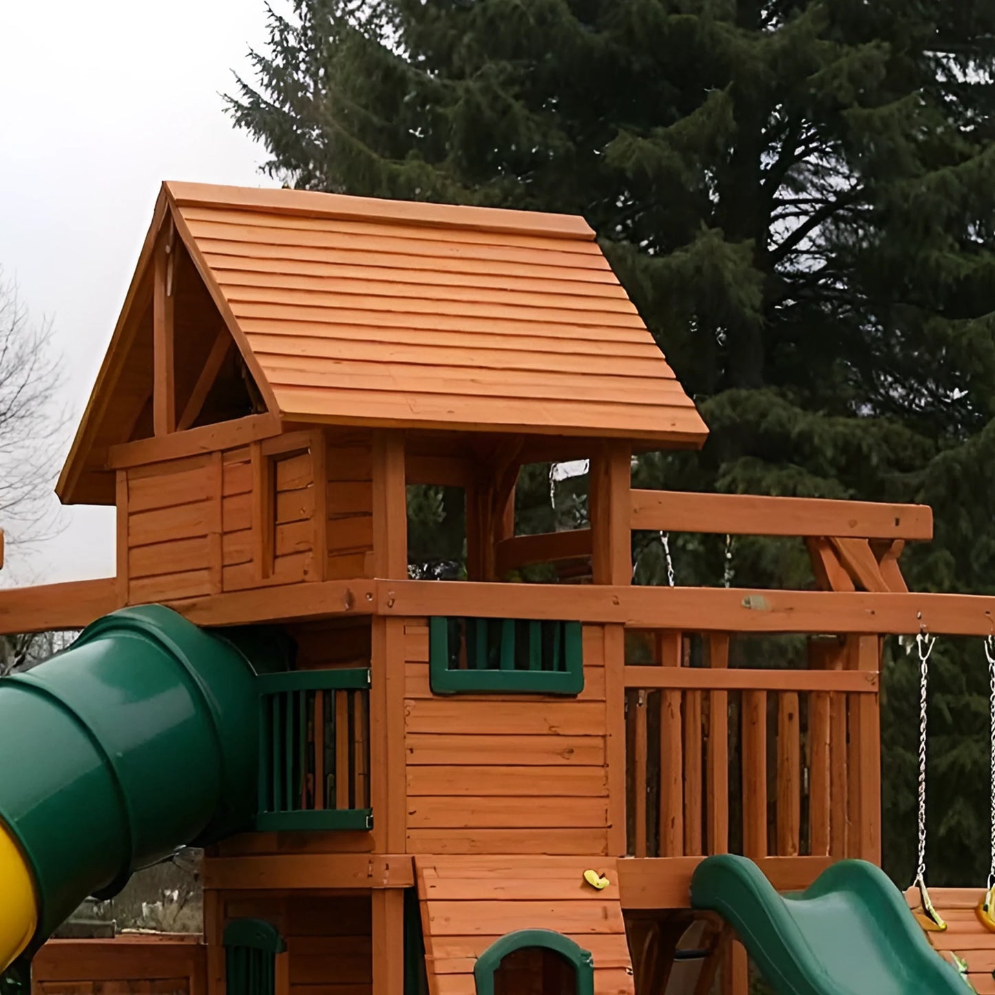 Kids Wooden Swingset with Slide, Playhouse & Outdoor Adventure Features