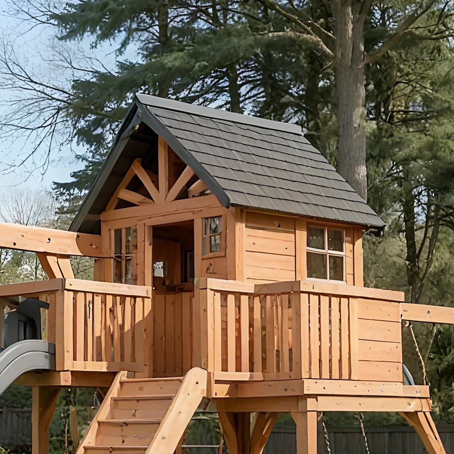 Backyard Wooden Swing Set with Climbing Wall, Playhouse & Slides