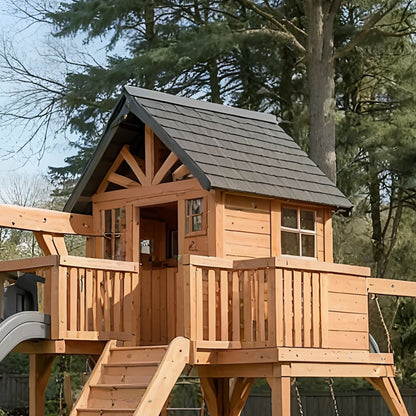 Backyard Wooden Swing Set with Climbing Wall, Playhouse & Slides