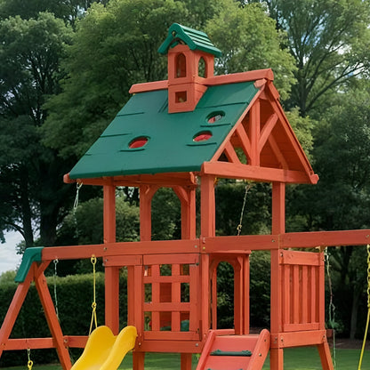 Luxury Outdoor Wooden Swingset with Dual Slides & Playhouse
