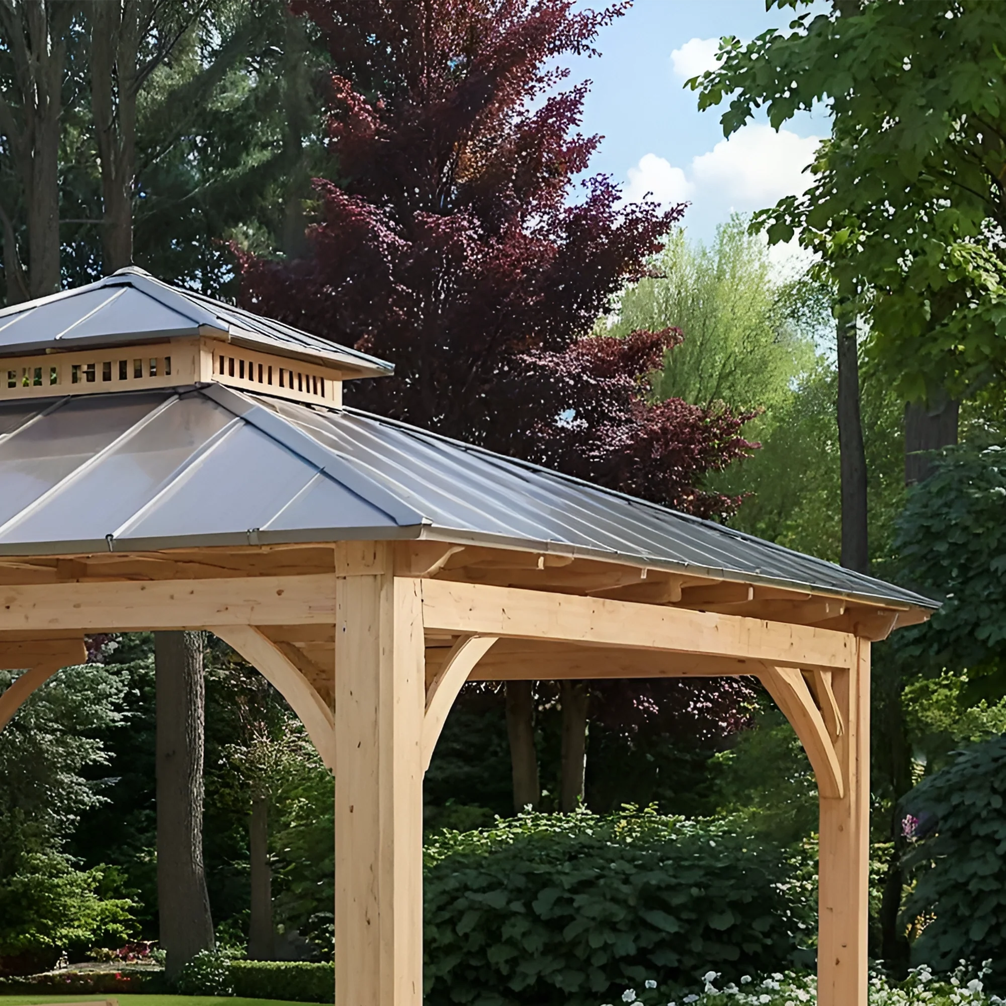12x12 Wooden Gazebo with Steel Roof | Outdoor Pavilion for Patio, Garden & Poolside Living