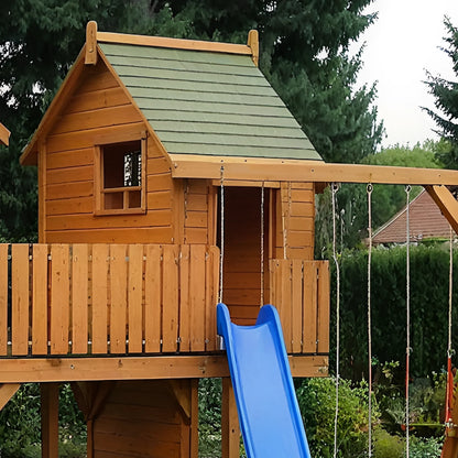 Outdoor Wooden Swingset with Playhouse, Slide & Climbing Wall