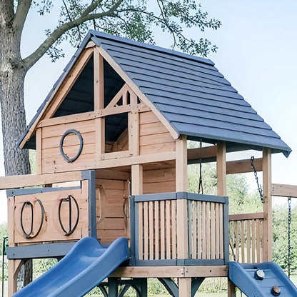 Deluxe Wooden Swingset with Double Wave Slides & Clubhouse Tower