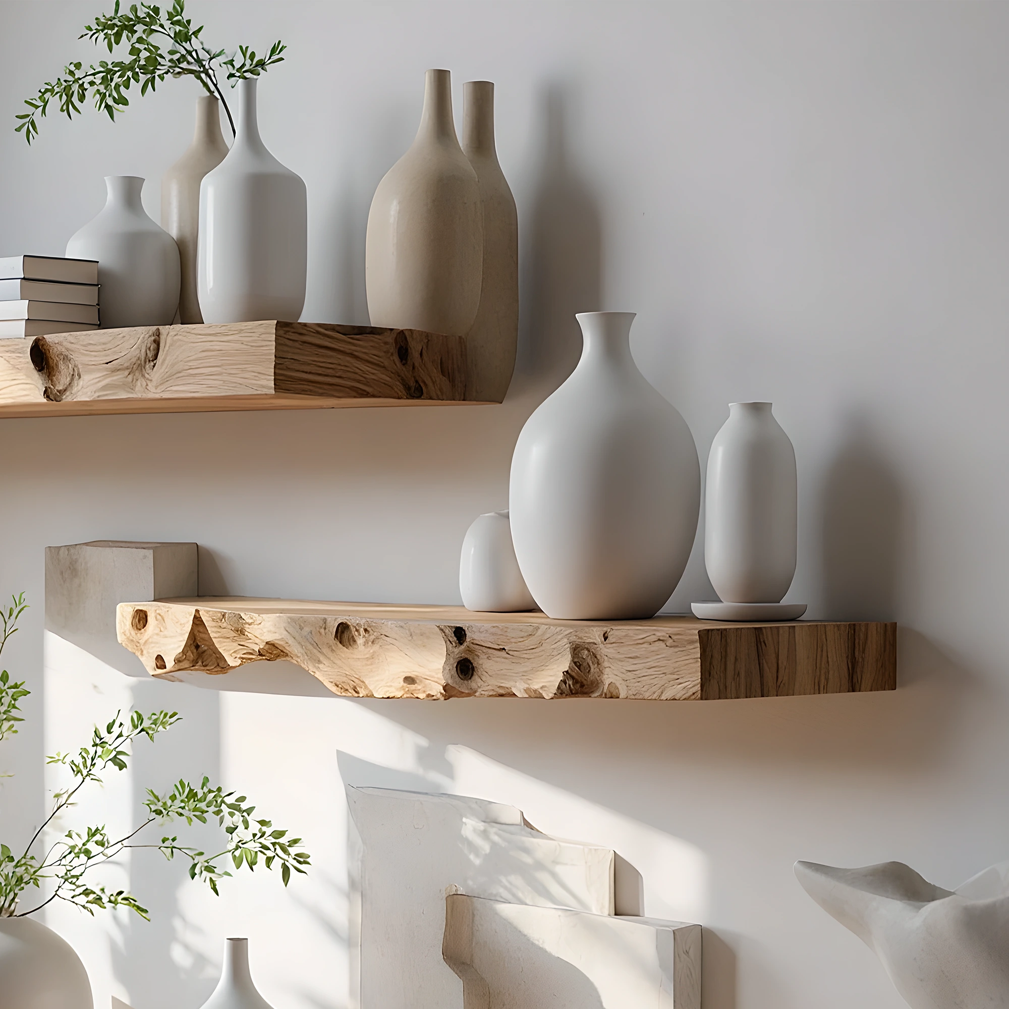 Book shelves, floating wooden shelves, monolithic shelves 