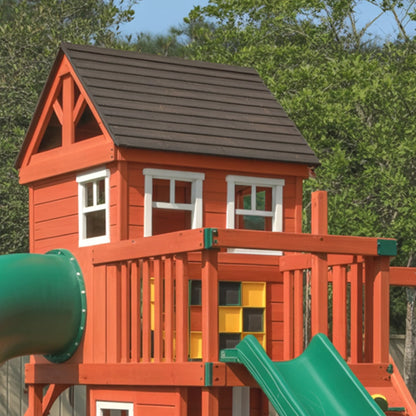 Backyard Wooden Playhouse with Dual Slides & Tube | 22x12x9 ft Kids Outdoor Playground