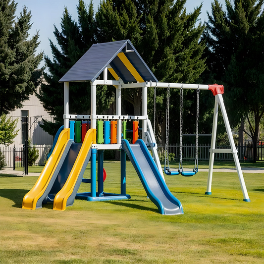 Backyard Wooden Swing Set with Playhouse & Double Slides – Safe for Kids