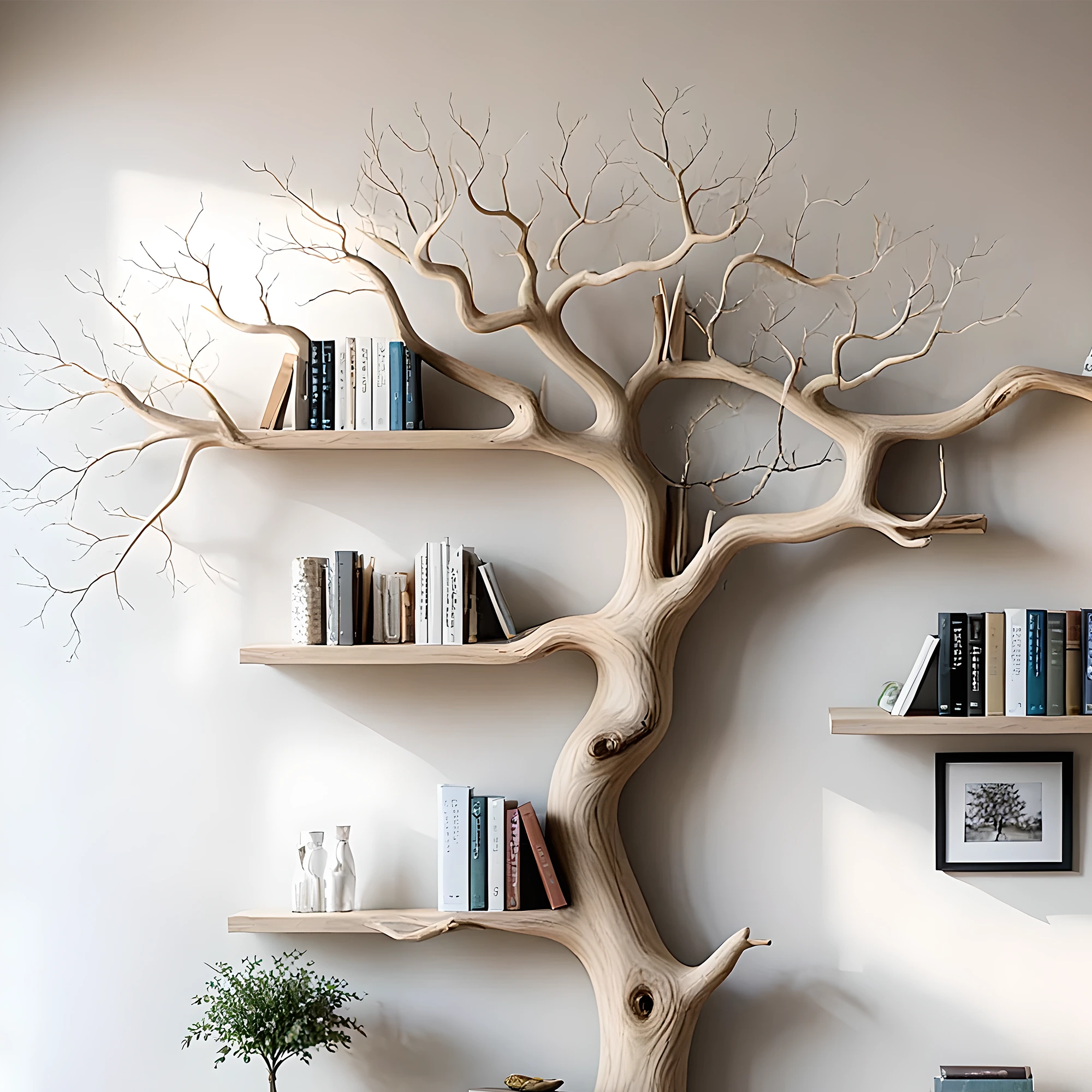 Tree bookshelf for living room or bedroom Handmade wooden furniture Driftwood branches bookshelves solid wood floating wall shelves. 