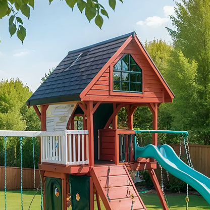 Wooden Swing Set with Slide, Rock Wall & Playhouse – Backyard Kids Playground Outdoor Fun