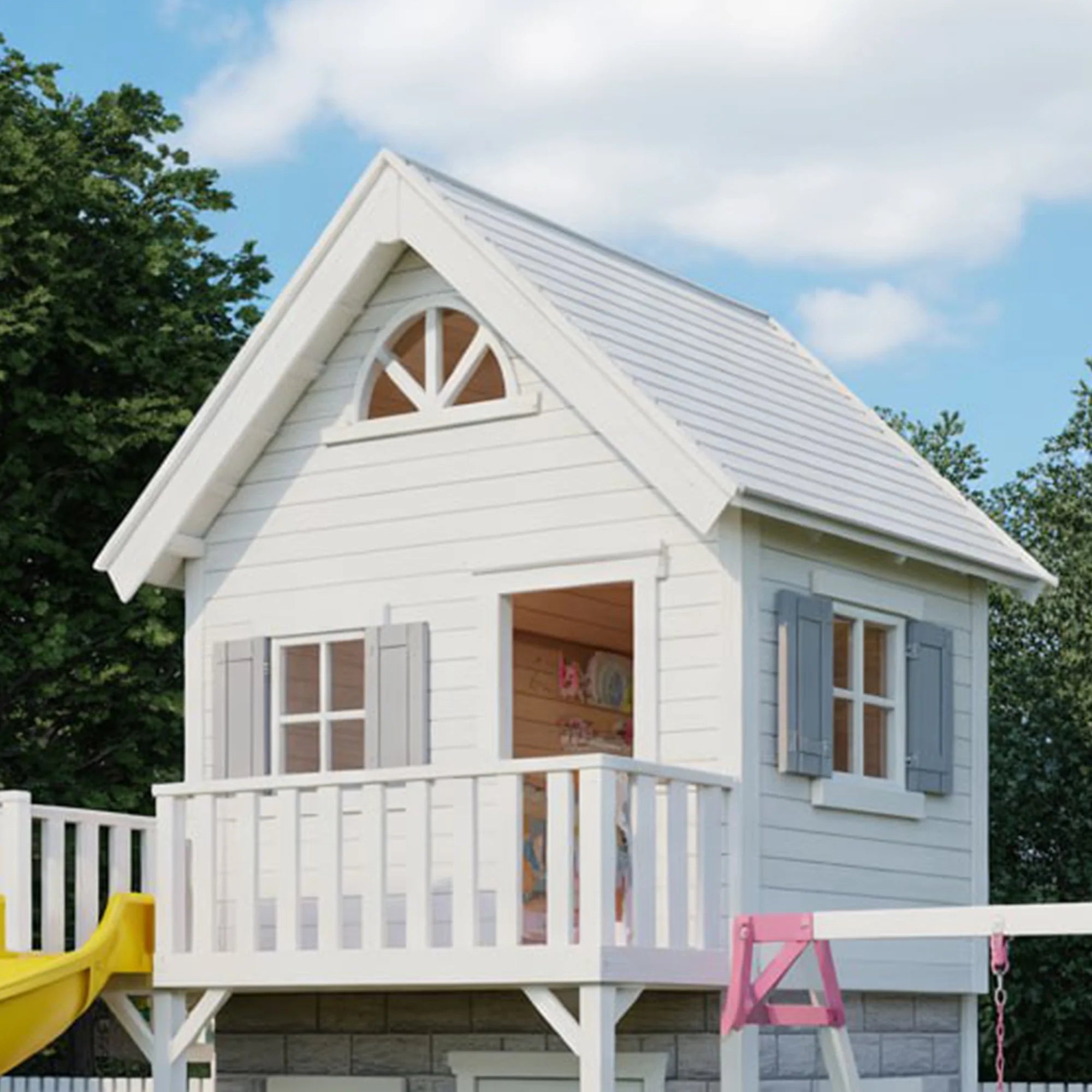 Large Backyard Wooden Playhouse with Spiral Slide – 9ft Tall