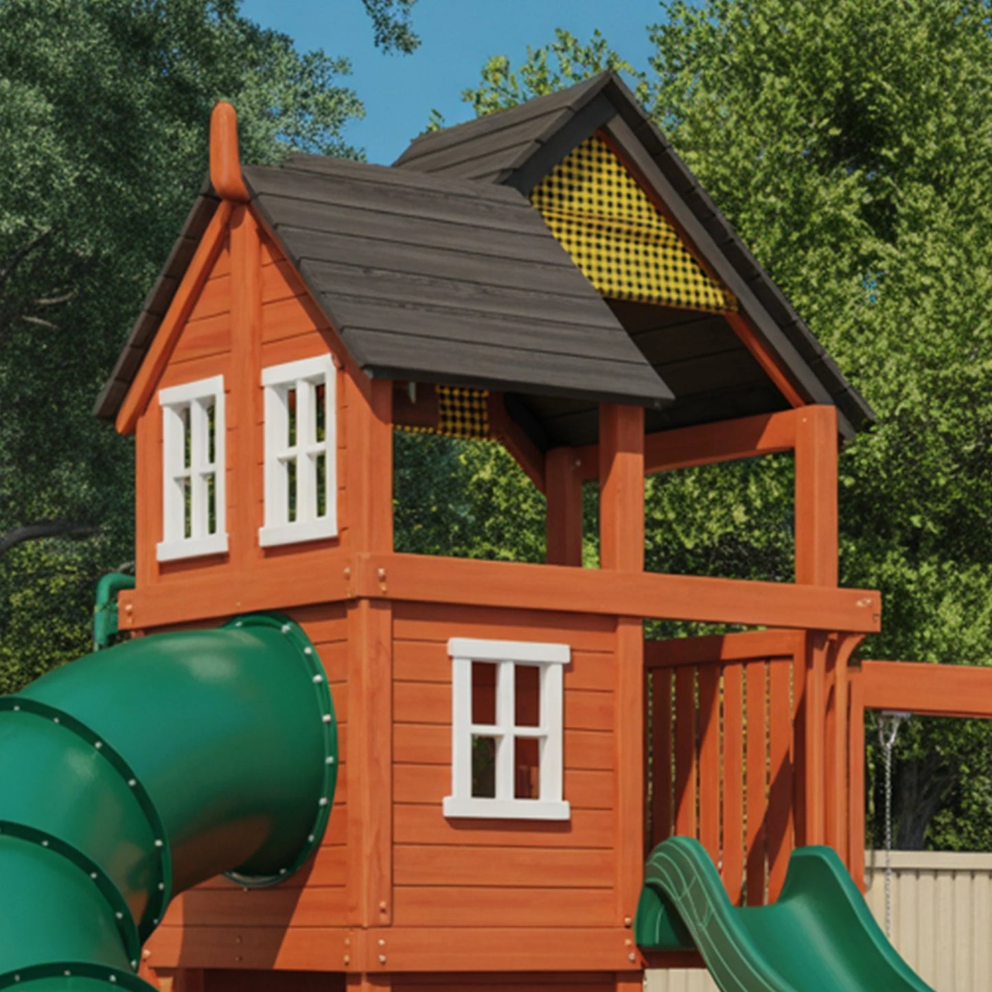 Wooden Playhouse with Double Slide & Swings | 22x12x9 ft Kids Outdoor Playground for Backyard Fun