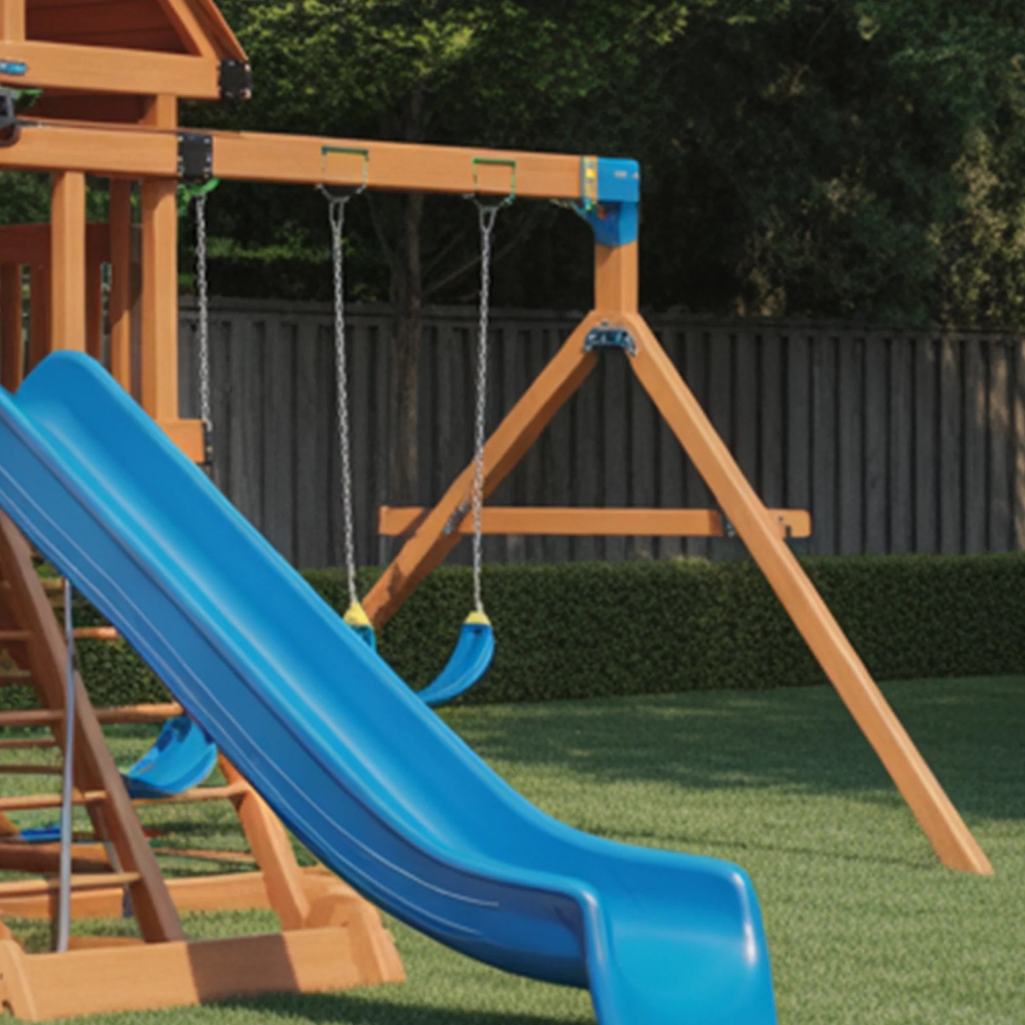 Wooden Outdoor Playhouse with Tube Slide, Straight Slide & Double Swings – Backyard Adventure Playset | 22x10x9 ft