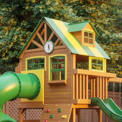 Wooden Swingset with Dual Slides & Climbing Wall – 22x12x9 ft