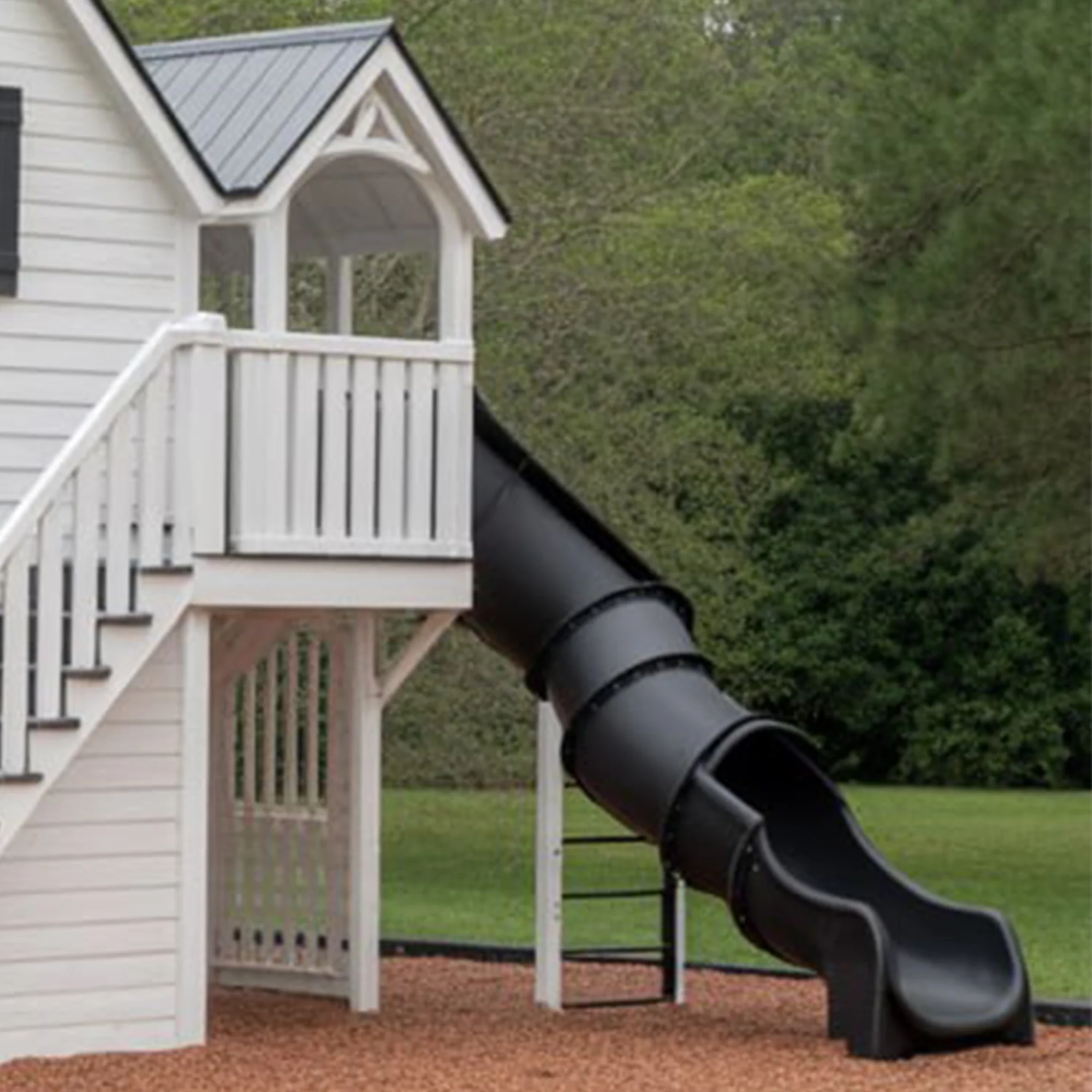 Luxury Two-Story Wooden Playhouse with Spiral Slide, Double Swings & Balcony – Outdoor Kids Playground Set 22x12x9 ft