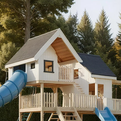 Wooden Playhouse Tower with Sandbox, Swings & Wave Slide – Outdoor Kids Playset