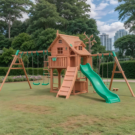 Wooden Swing Set with Double Slides & Playhouse – Safe Outdoor Kids Playground