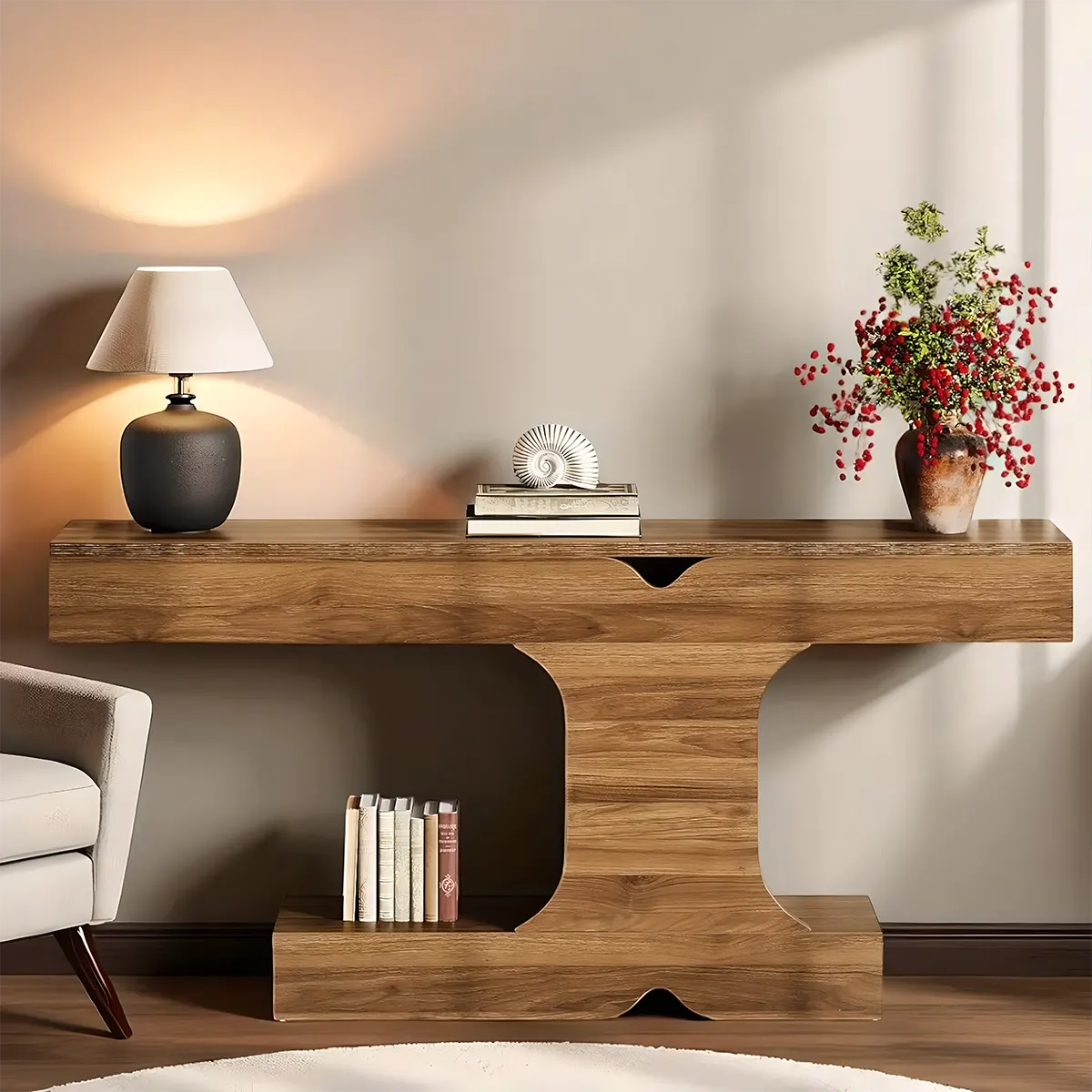 63″ Modern Console Table – Elegant T-shape, bookshelf and decoration 