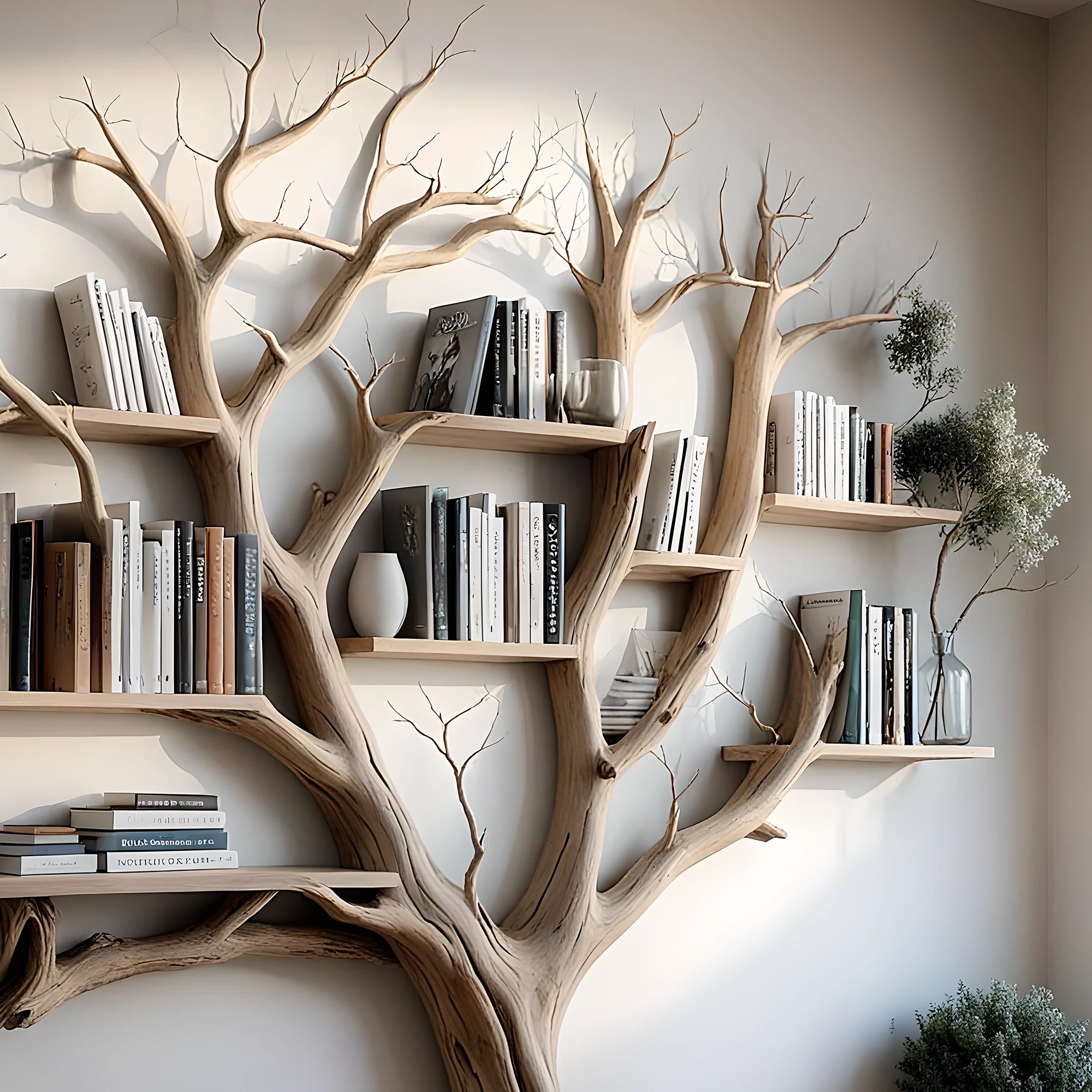 Tree branch shelves live edge wall mount floating bookshelf tree bookshelf corner shelf driftwood decor. 