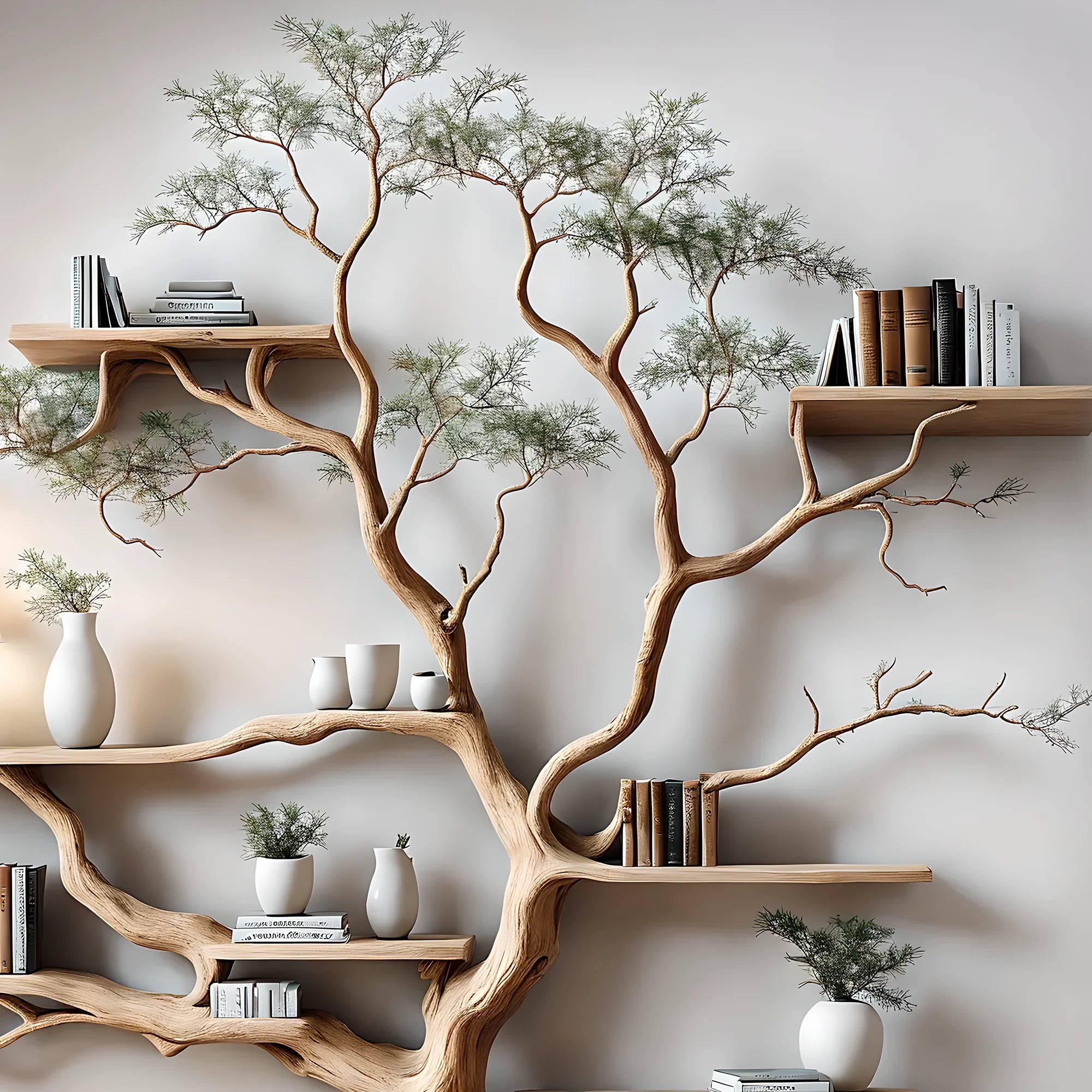 Bookshelf shaped like a perennial tree, driftwood bookshelf 50 years old or more, decorative bookshelf 