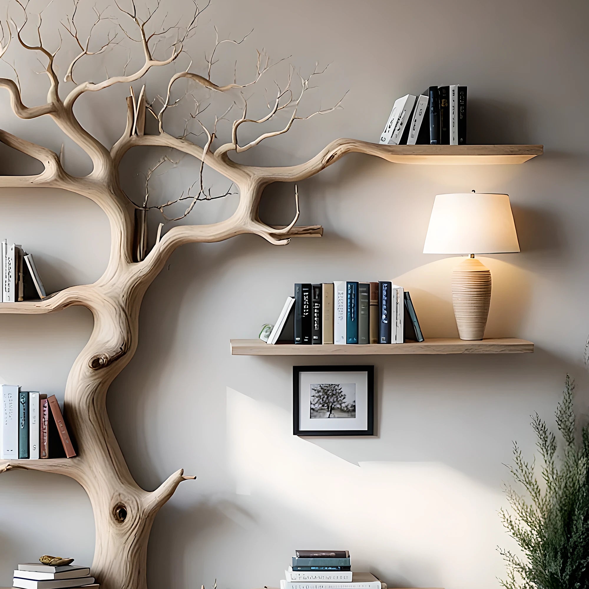 Tree bookshelf for living room or bedroom Handmade wooden furniture Driftwood branches bookshelves solid wood floating wall shelves. 