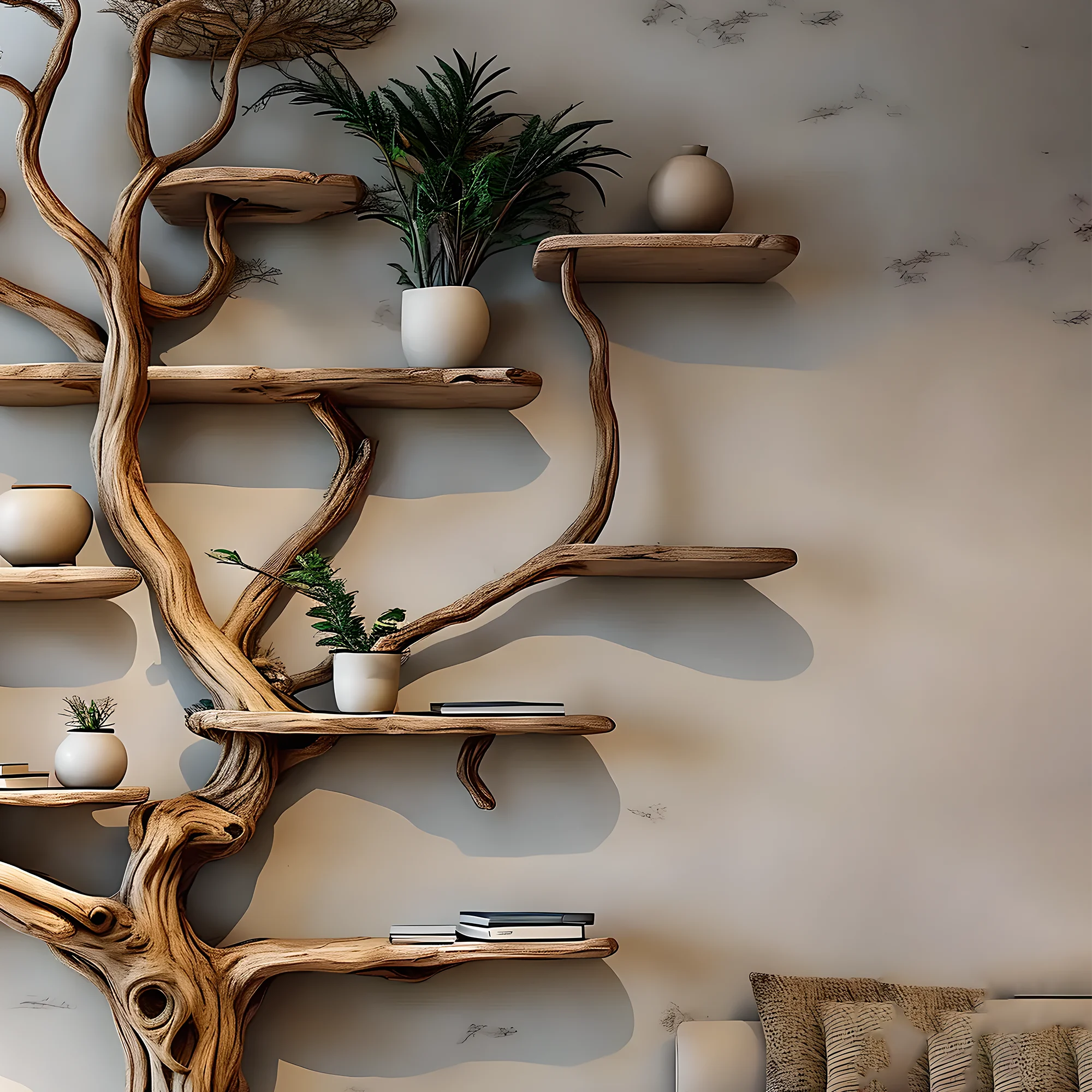 Handmade wooden tree branch bookshelf from solid natural wood, floating shelf, children's room decoration 