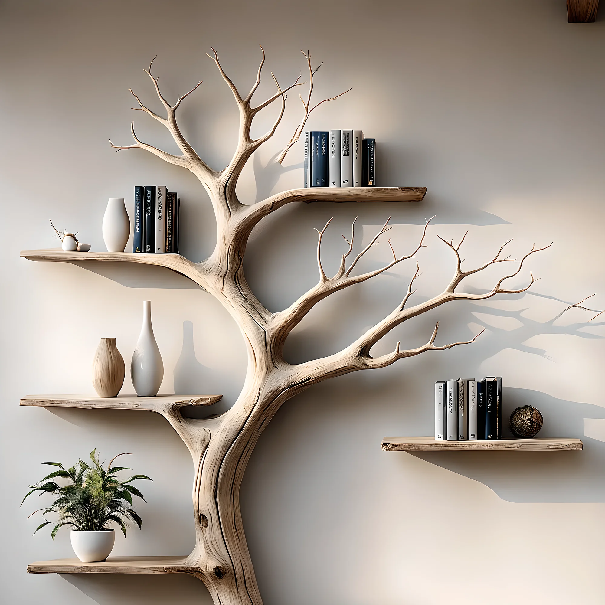 Wooden branch bookshelf, Handmade from natural pine wood, Floating shelf, Children's room decoration 