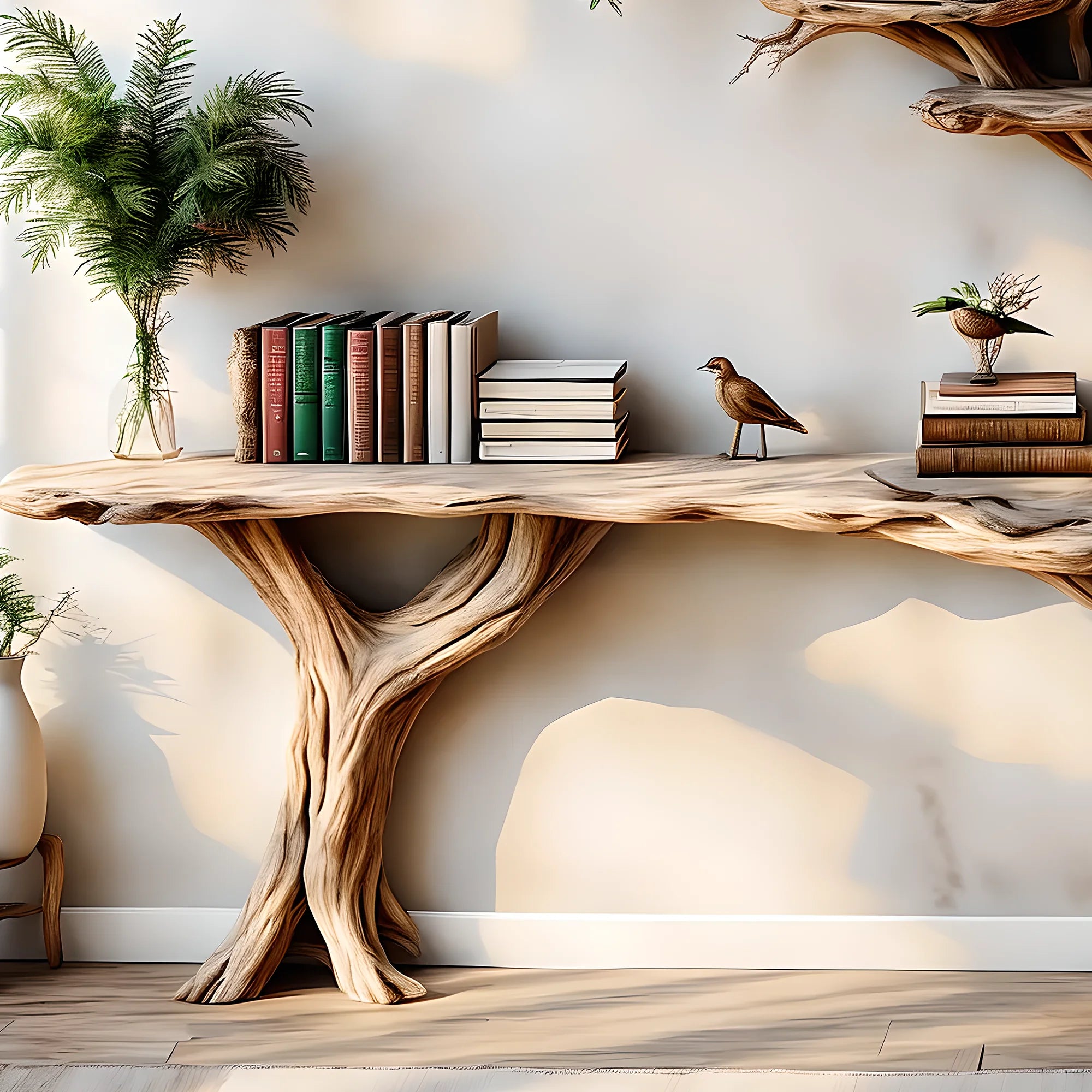 Narrow table with twig bookshelf, Entrance living edge table, Farm table rustic handmade console table natural wood 