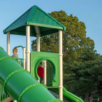 Twin Tower Wooden Playground with Dual Spiral Tube Slides | Outdoor Playhouse for Kids Backyard Adventure
