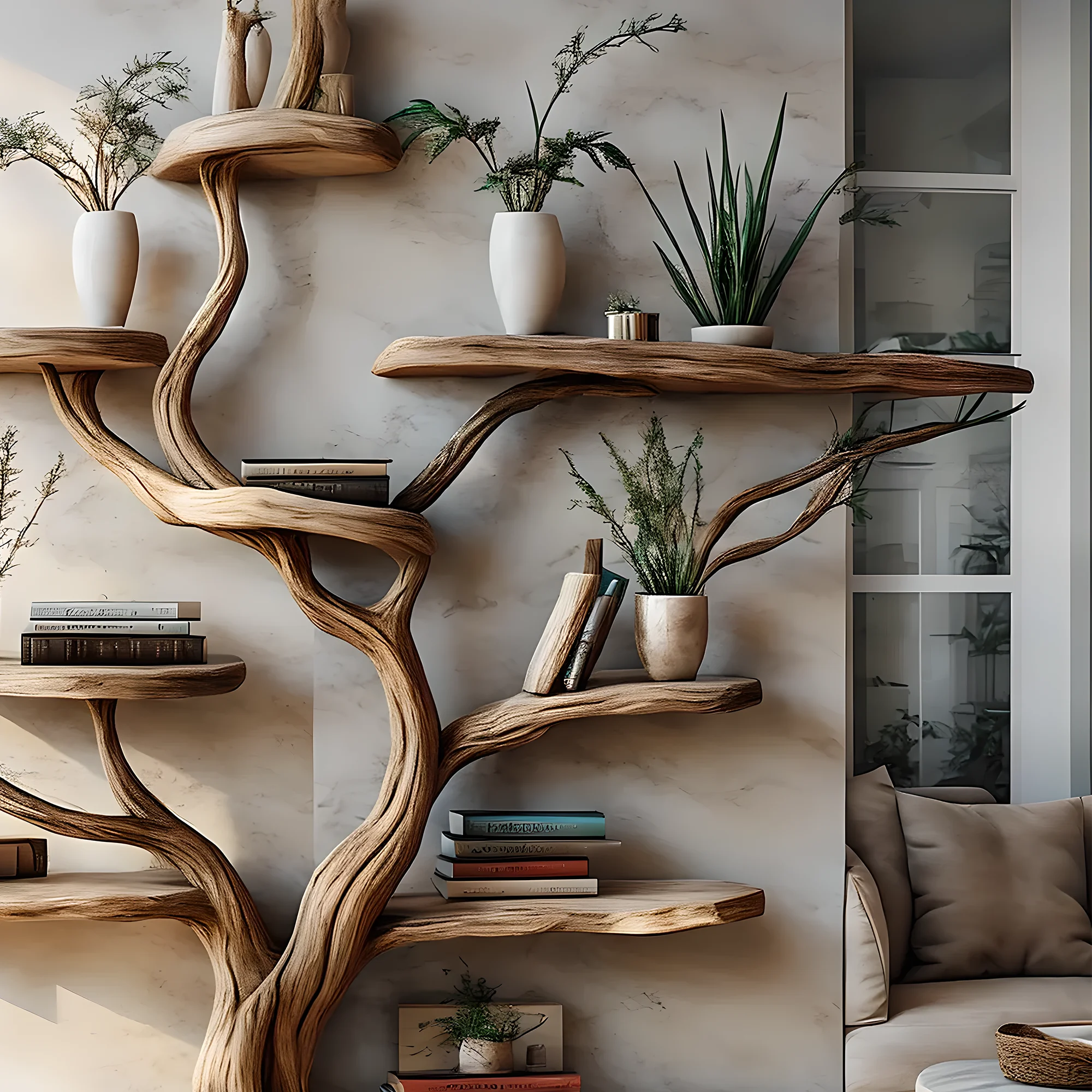 Decorative bookshelf, tree-shaped bookshelf, solid wood bookshelf, floating shelf, interior decoration 