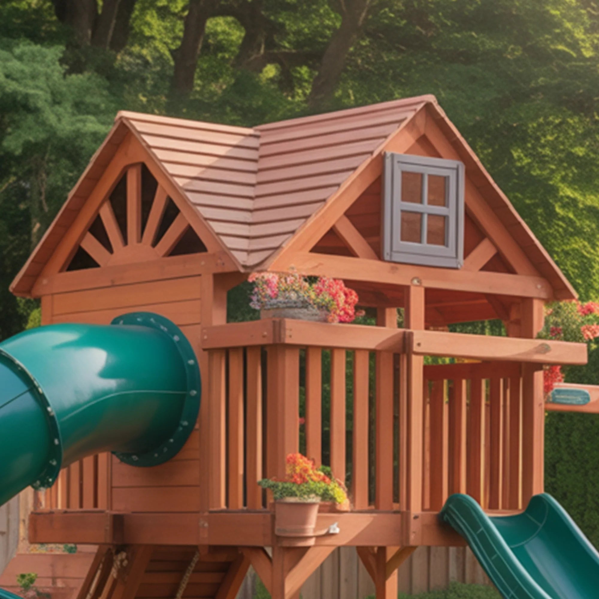 Deluxe Wooden Playhouse with Dual Slides, Spiral Tube Slide, Triple Swings & Garden Base – Outdoor Kids Activity Center | 24x10x9 ft