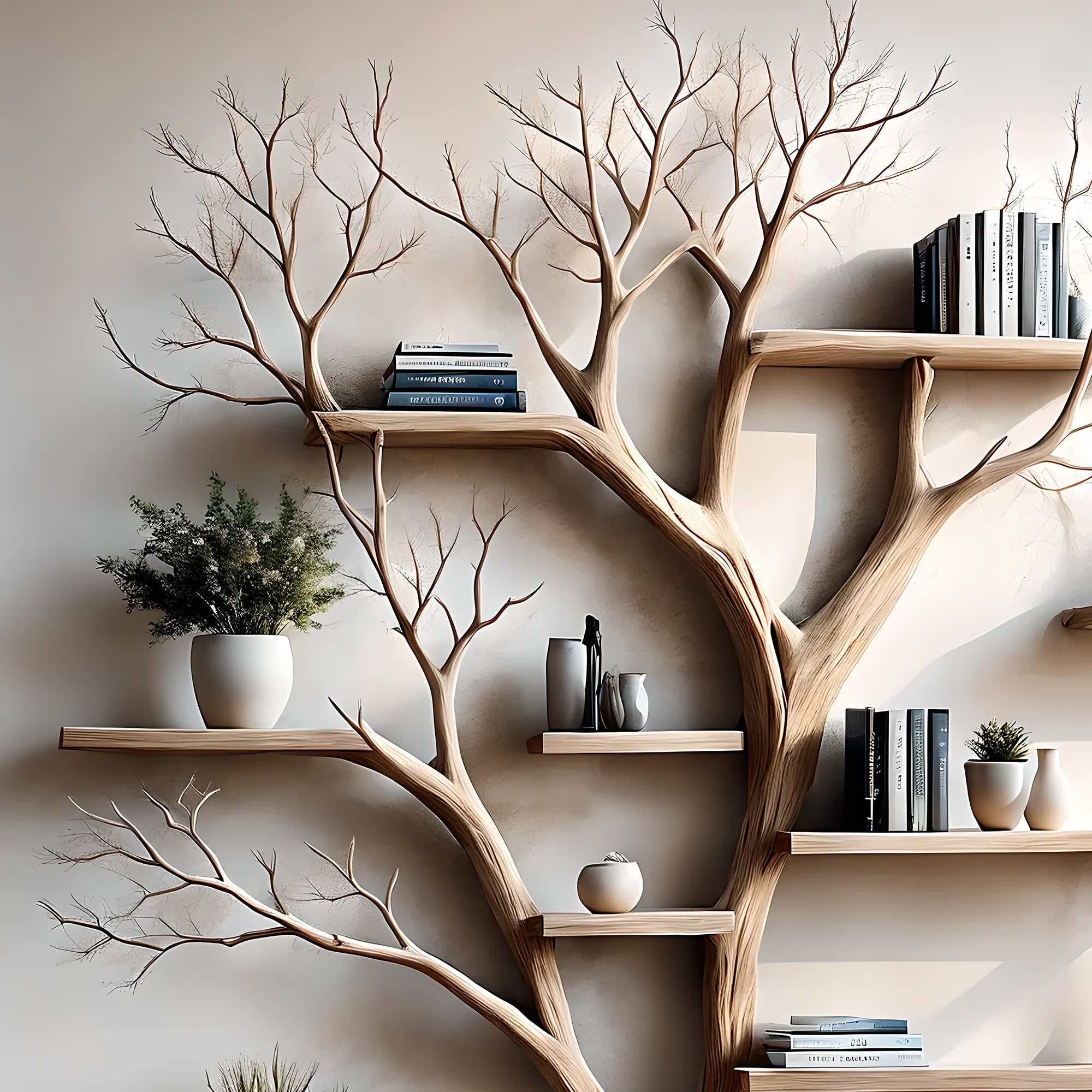 Tree-shaped bookshelf with side table, floating shelf, decorative shelf, children's bookshelf displaying souvenirs 