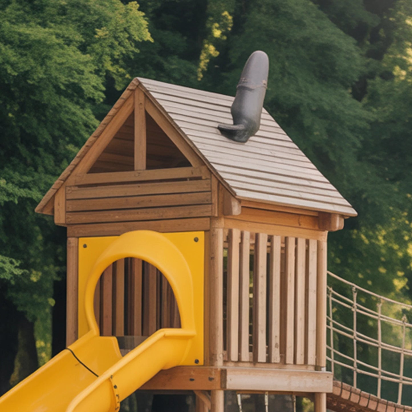 Wooden Twin Tower Playhouse with Rope Bridge & Slide | Outdoor Playground for Kids Backyard Adventure