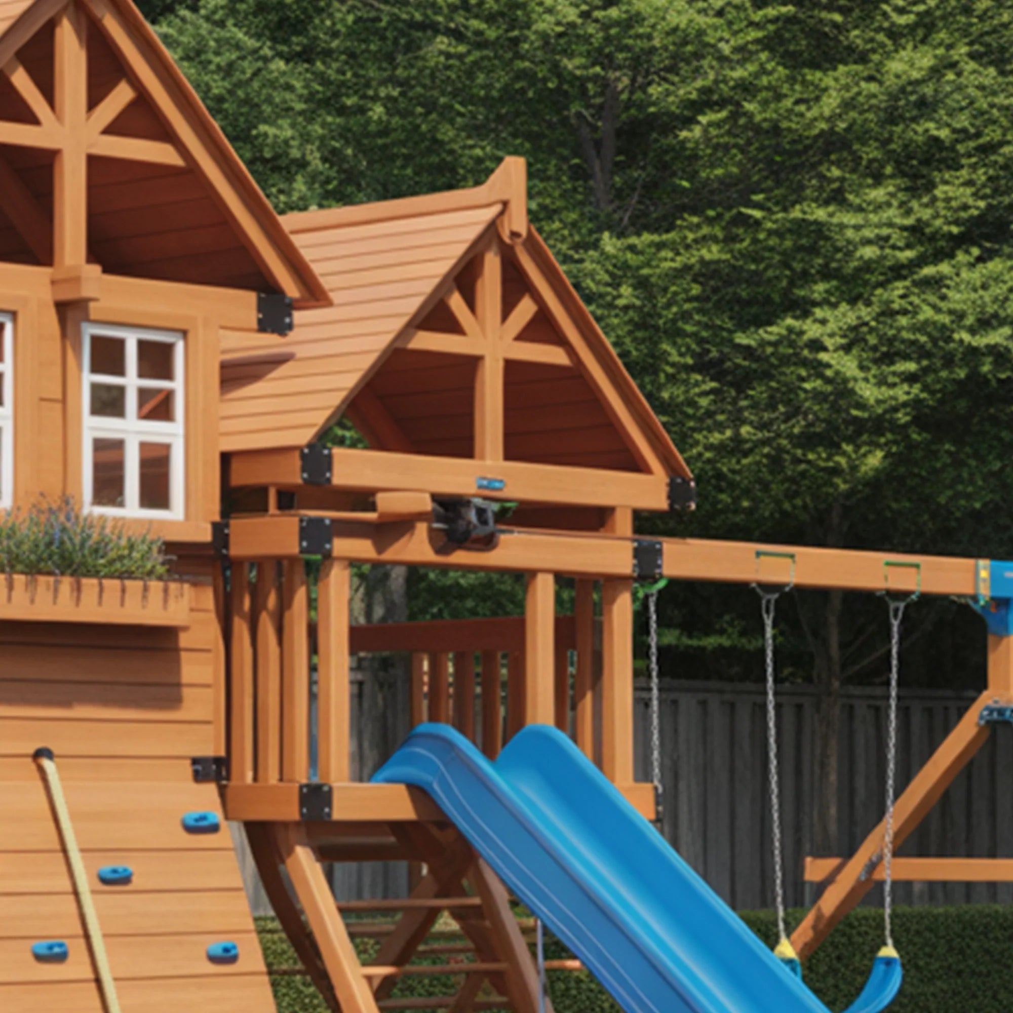 Wooden Outdoor Playhouse with Tube Slide, Straight Slide & Double Swings – Backyard Adventure Playset | 22x10x9 ft